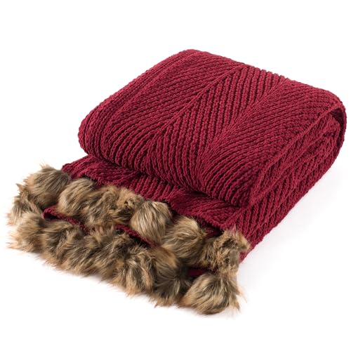 CloudDwelling Chenille Knit Pompom Throw Blanket...