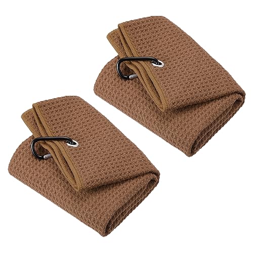 PATIKIL 12"x12" Tri-Fold Golf Towels, 2 Pack Waffle Pattern Towels Soft Fiber Strong Water Absorption with D Clip for Golf Lovers Brown