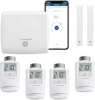 Homematic IP Funk Heizungssteuerung zur Einzelraumregelung mit App. Inhalt: Access Point, 4 Funk Heizkörperthermostate, 2 Funk Tür-Fensterkontakte. Sparen und wohlfühlen in Ihrem Smart Home