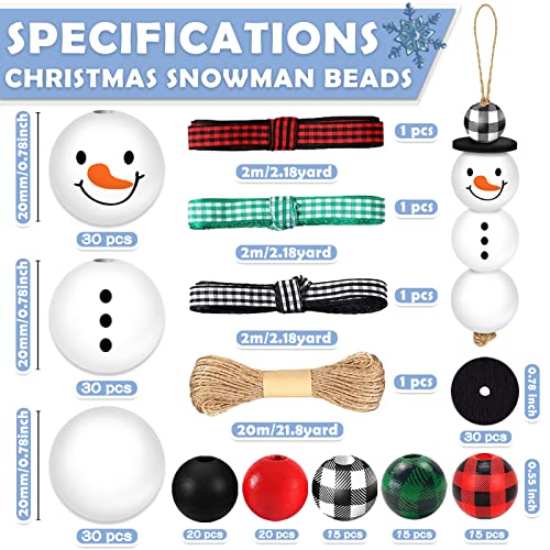 Image of 205 Pieces Christmas Snowman Wooden Beads Craft Project Natural Polished Wood Bead with Twine, Winter Christmas Tree Hanging Ornaments, Rustic DIY Garland Decoration for Home (Snowman)