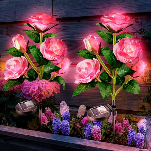 Image of Anordsem Solar Garden Lights Outdoor: 10 Waterproof Fabric Roses 2 Pack - Pink LED Flower Decorations for Yard Patio Path Cemetery Grave - Mother's Day Gift for Her Women Mom Wife
