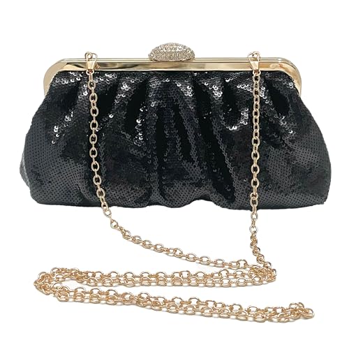 lapulio Solid Color Fish Scale Sequins Pleated Clutch Bag Hardware With Rhinestones Shiny Crossbody Purse for Women (Black)