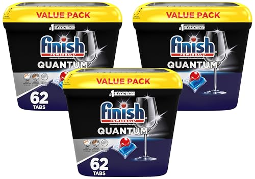 Image of Finish Quantum Dishwasher Pods, No Pre-Rinse Dishwasher Detergent Soap Removes 24HR Dried-On Stain and Grease, Leaving a Virtually Spotless Shine, 62 Count (Pack of 3)