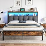 Homkdom Queen Bed Frame with Charging Station and LED Lights, Grey Upholstered Headboard with 2-Tier Storage Shelves,Metal Platform with 12' Under-Bed Storage, No Sliding,Noise-Free,1000LBS