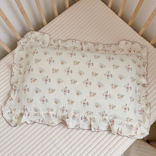 BuLuTu Cotton Muslin Kids Toddler Pillowcase with Cute Azalea Flowers Pattern Super Soft Crib Nursery Pillowcase for Boys,Girls,Bedding Decor Machine Washable, Durable Pillowcase,1 Piece,14x20