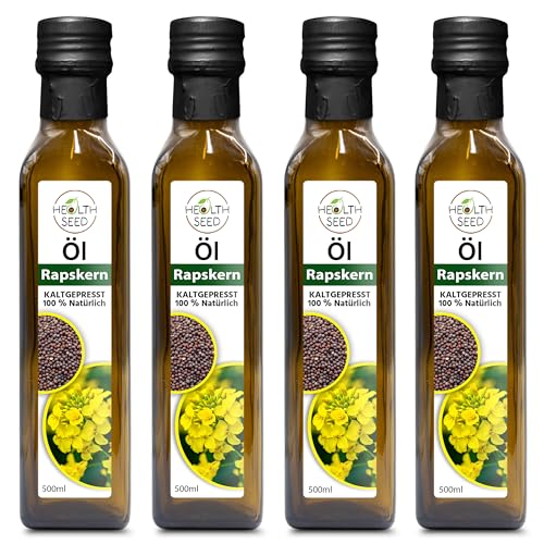 Health Seed® 4 x 500 ml / 2 litros – Aceite de semilla de colza sin filtrar – Botella de cristal 100% puro prensado en frío – Fresco del fabricante