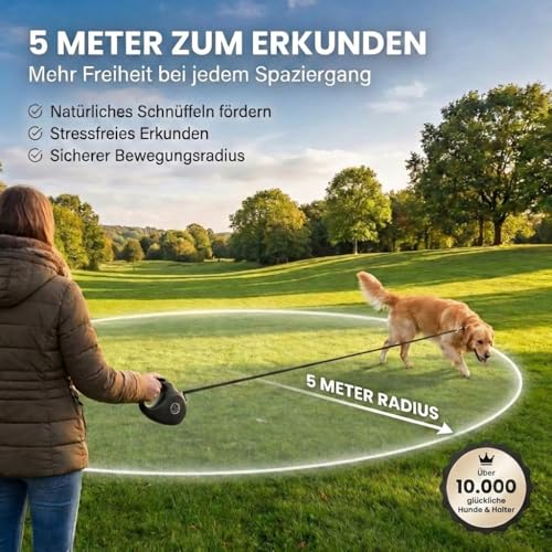 HUND IST KÖNIGSmycz wysokiej jakości dla psa 5 m do małych i dużych | wytrzymała smycz do wysuwania | 15-50 kg