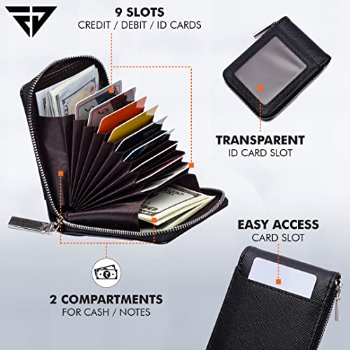 Image of FUR JADEN PU Leather 9 Slot Vertical Credit Debit Card Holder Money Wallet Zipper Coin Purse for Men Women (Black)