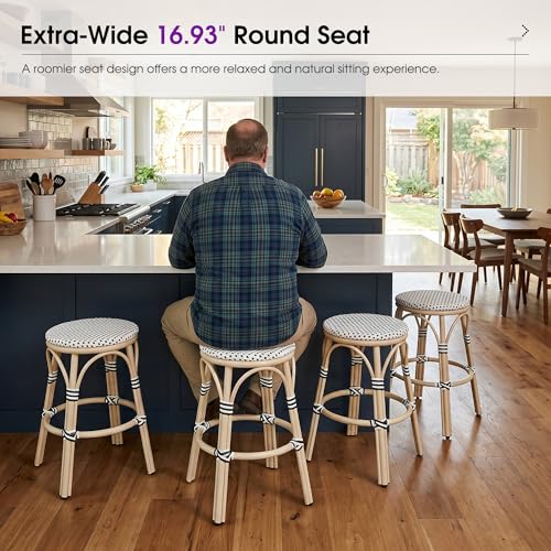 Image of PURPLE LEAF Patio French Round Counter Stool Set of 2 Backless 26 inch Large Seat White Print Aluminum Frame Barstools with Handwoven Rattan Wicker for Outdoor Kitchen Cafe White and Black