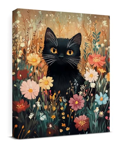Cat Wildflowers Canvas Wall Art Floral Cat Print Poster Aesthetic Framed Painting for Home Bedroom Living Room Decor 8x10 Inch