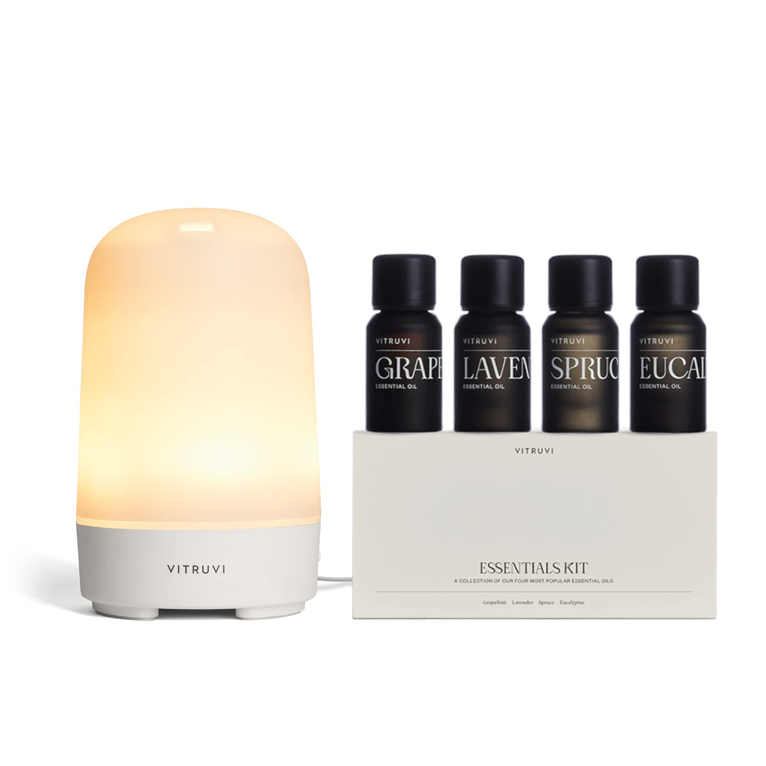 Vitruvi Glow Diffuser and Vitruvi Essentials Kit, Ultrasonic Essential Oil Diffuser | Essential Oil Starter Kit, 100% Pure Essential Oils, Oil Diffuser Essential Oils