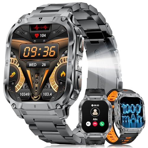 FitVigor Smartwatch Herren Militär-1000mAh/2'' HD Große Display/LED-Licht,3 Armbändern/Fitnessuhrmit Taschenlampe/120+ Sportmodi,Fitnessuhr mit Herzfrequenz/Schlafmonitor,für Android iOS
