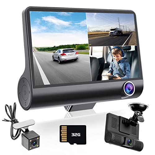Hikity Camera Dash Voiture 3 Caméra de Voiture Angle de Vision de 170 °, G-capteur 4'' à Trois Voies Caméra de Tableau de Bord pour Voiture avec Double Objectif Arrière Car DVR+ 32GB TF