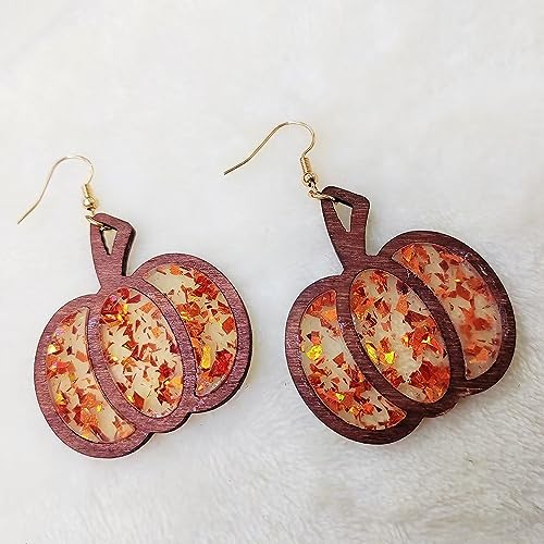 Thanksgiving Fall Pumpkin Leopard Print Acrylic Wooden Dangle Drop Earrings Handmade Lightweight Fall Glitter Pumpkin Earrings Autumn Jewelry for Women3