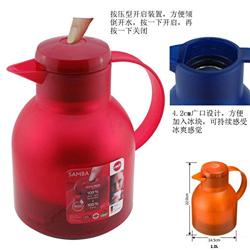 Foto von Emsa Samba Isolierkanne 504231 | 1 Liter | Quick Press Verschluss | 100% dicht | 12h heiß, 24h kalt | Transluzent Blau | Polypropylen