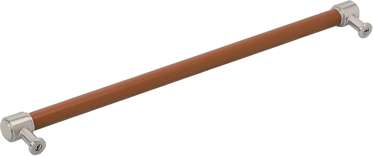 Signature Hardware 954070-18 Lazzara 18 Inch Center to Center Cognac Leather Appliance Pull - Polished Nickel