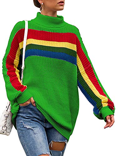 pedkit Moda Feminina De Malha Camisola Listras Coloridas De Gola Alta Manga Comprida Solta Jumper Qu