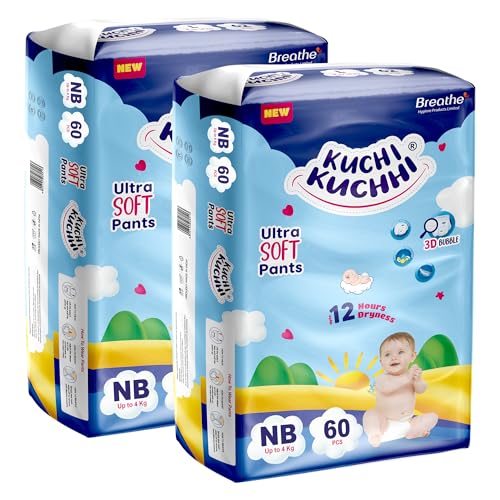 Image of Premium super soft baby diaper with a 3D bubble top and super absorbent core | Added active leak barriers and wetness indicators - NB Size, 120 Count