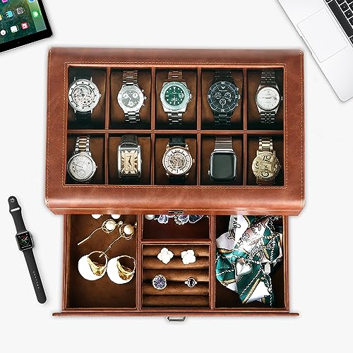Image of Leather Watch Box with Drawer-10 Slots Locking Jewelry Watches Holder for Men-Luxury Watch Case Display Organizer-2 Tier Organizer Watch Showcase-Storage Case