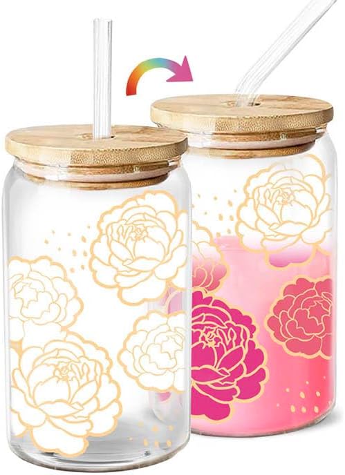 NewEleven Vasos de vidrio con tapas de bambú y pajitas para café, té Boba, batidos, cóctel, taza estética (cambio de color)