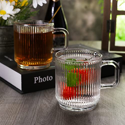 Gutsdoor Clear Glass Coffee Cup Set of 4, 12 Ounces Classical Vertical Stripes Glass Tea Cup with Spoon for Latte Espresso - Image 4