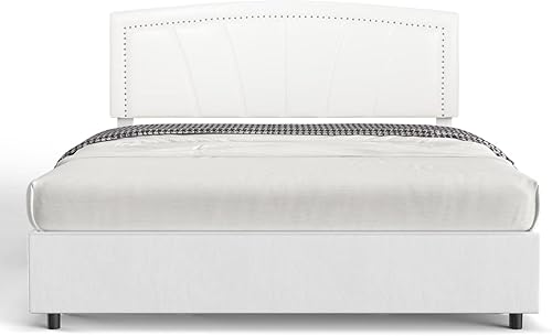 Miniatura 12 de BONSOIR Base de cama tapizada de tamaño matrimonial con plataforma tradicional tapizada de perfil bajo con cabecera copetuda y clavos, no necesita