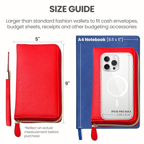 Image of Three Way Cut Cash Envelope Wallet Red All in One Budget System RFID Blocking with 12x Tabbed Envelopes 12x Monthly Budget Cards 1x Yearly Budget Planner Sheet Complete Money Organizer Set