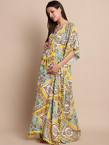 Secret Wish Rayon Maternity Kaftan Nighty/Free Size/Feeding/Nursing/Zipper/Drawstring/Screen Print/Full Length