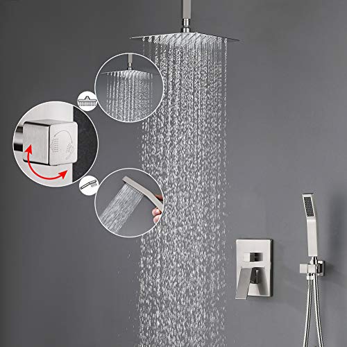 STARBATH SS01FCN 12 Inch Ceiling Mounted Shower System with Rain ShowerHead and Handheld Shower Head, Shower Faucet Rough-in Mixer Valve and Trim Included Shower Combo Set, Brushed Nickle