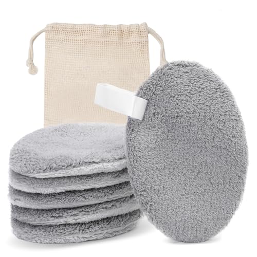 LOPHE Tampons Démaquillants Réutilisables, pour Les Yeux, pour Tous Types de Peau, Respectueux de L'environnement, Lavables,en Polaire Corail Douce avec Boucle de Suspension,Sac de Rangement, 6PCS-B