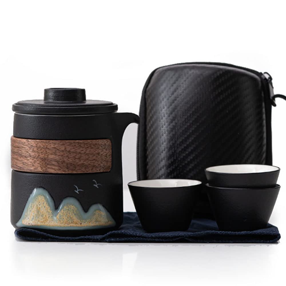 Set da tè giapponese da viaggio con borsetta/custodia, teiera in ceramica con infusore e tre tazze da tè Gongfu/Kungfu, manico in legno giapponese, borsa da viaggio portatile (nero)
