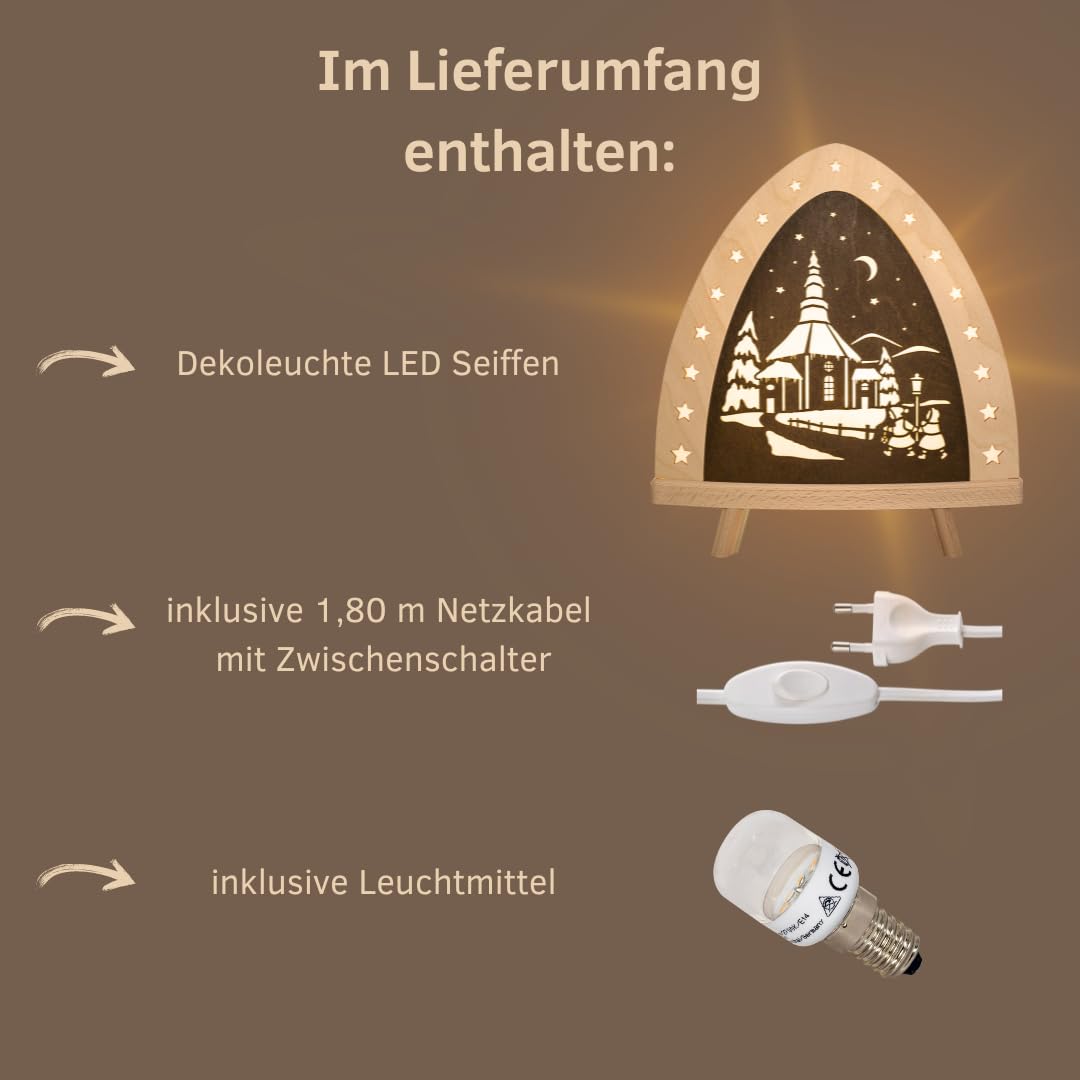 weigla - Dekoleuchte original Erzgebirge I Motiv Seiffen I 1 LED Lampe I 0,8 W, E14 I Weihnachtsdeko innen I Weihnachtsbeleuchtung aus Holz I Fensterdeko