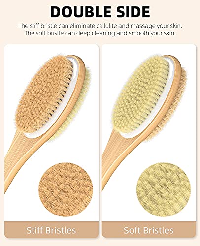 Image of Dry Brushing for Body Cellulite and Lymphatic, Dry Skin Long Handle Body Brush Natural Bristle Exfoliator Scrubber for Bath Shower Wash Brushing Exfoliating Legs and Back