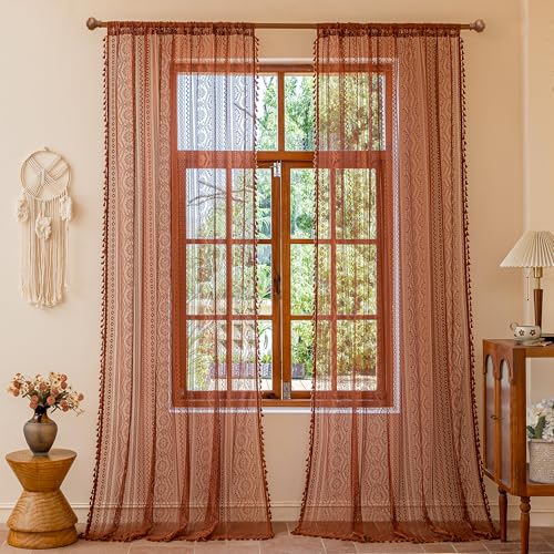 Image of MYSKY HOME Terracotta Boho Lace Sheer Curtains 96 inch Length 2 Panels Burnt Orange Floral Vintage Bohemian Crochet Geometry Curtains with Tassels for Living /Dining Room Rod Pocket Home Decor, 55 inch W