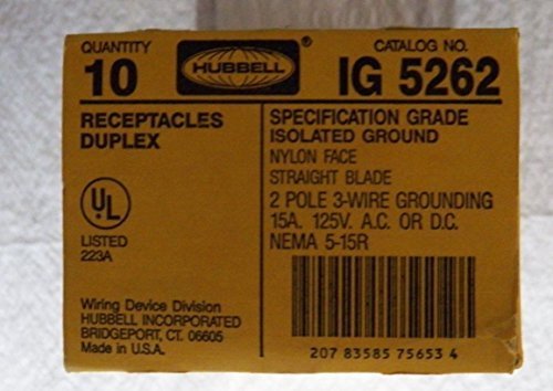 (PACK OF 10) Hubbell IG5262 Duplex Receptacle, Isolated Ground, NEMA 5-15R, 15 amp, 125V, Orange