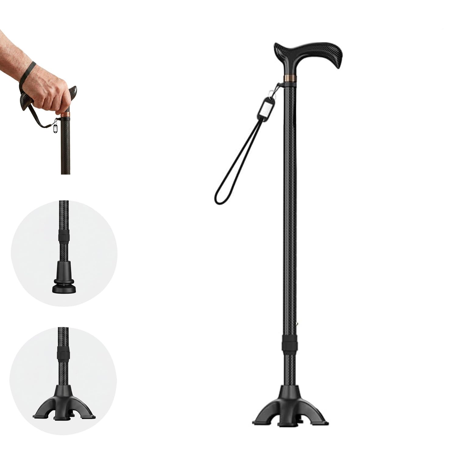 Faltbarer Aluminium Gehstock mit 2 Basen 10-stufig verstellbar 62–97cm | Zusammenklappbarer Gehstock für Senioren Erwachsene mit Doppelboden 100kg Tragkraft, ergonomischer Griff & Handgelenksband