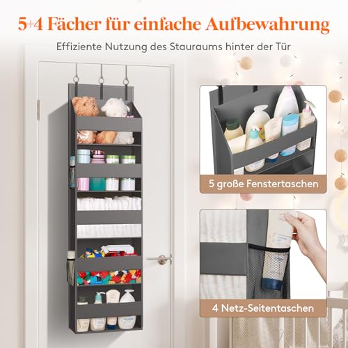 Lifewit Türorganizer Hängeorganizer, 5 Regal klar Fenster hängende Lagerung mit 4 Mesh Seitentaschen, Anti-Tilt 18kg Belastbar, Benutzt für Bad, Schlafzimmer, Küche, Wohnheim,Camper, 1 Packung, Grau