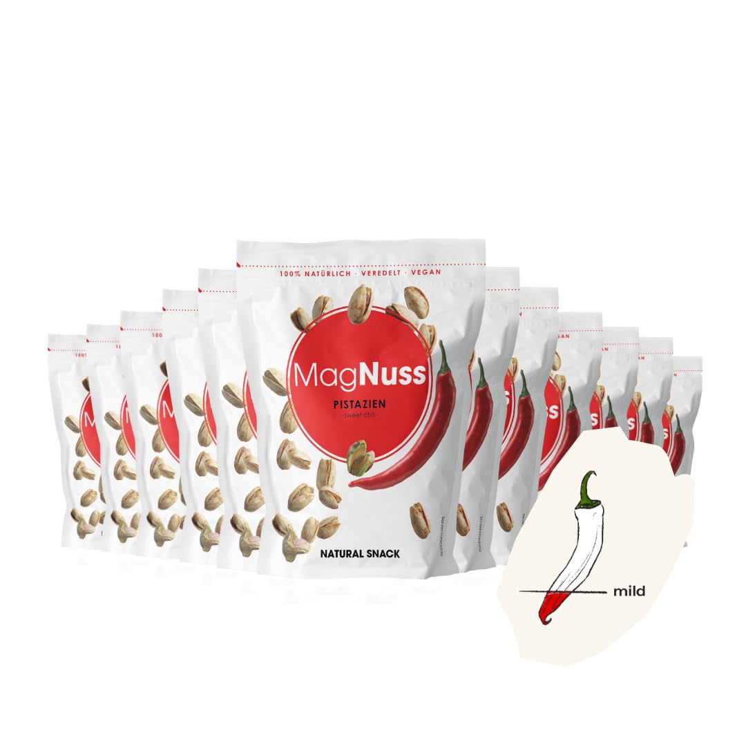 MagNuss Pistazien | Sweet Chili | 12x 200g-Packung | Knackige Pistazien mit würzigem Chili-Aroma | aromatisch-pikanter Genuss für Snackliebhaber