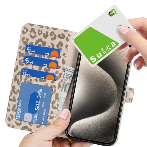 Image of for iPhone 15 Pro Case Wallet with Card Holder,for iPhone 15 Pro Wallet Case for Women Men,PU Leather Shockproof Magnetic Buckle Stand Flip Phone Case-Beige Leopard