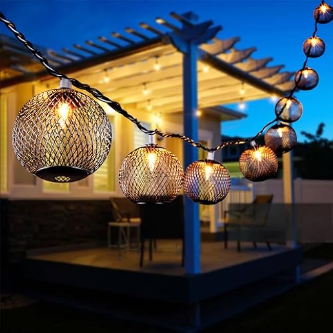 Decorative Lantern String Lights Plug in with 10 Black Metal Ball, Connectable Waterproof Outdoor Decorative String Lights Indoor for Bedroom Patio Pergola Decor