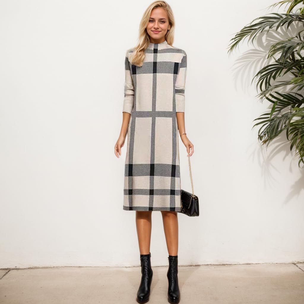 Womens Plaid Splicing Mock Neck Knit Sweater Dress Winter Long Sleeve Knee Length Tunic A-line Midi Dresses - Image 2