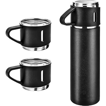VVE Latest Steel Vacuum Flask Set with 3 Steel Cups Combo - 500ml - Hermrfic - Odorless - Keeps HOT/Cold | Ideal Gift for Winter
