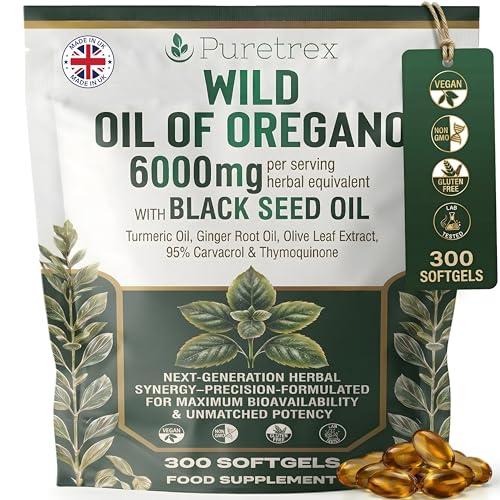 PURETREX Wild Oregano Oil 300 Softgels Made in UK 6000mg with 95% Carvacrol Black Seed Oil Turmeric & Ginger High Potency Herbal Formula for Immune Gut & Respiratory Support
