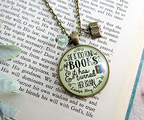Gutsy Goodness 24" Book Necklace She Is Too Fond Literary Quote Louisa May Alcott Pendant Jewelry Green Charm