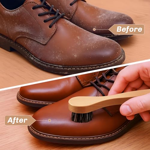 Image of 4 Pcs Horsehair Shine Shoes Brush Kit Polish Dauber Applicators Cleaning Leather Shoes Boots Care Brushes Suede Cleaner Brush with Microfiber Shoe Cloth(Wooden Handle A)
