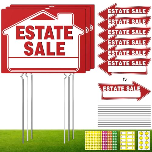 14Pcs Estate Sale Signs 17 x 13 Estate Sale Arrows Yard Sign Double Sided wth Metal Stake Yard Sale Pricing Stickers Directional Arrows & Fluorescent Neon Stickers