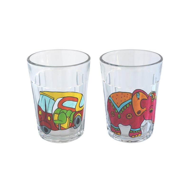 TOPSYTURVY Hand Crafted & Hand Designed Tapri Tea and Coffee Style Glass with Iron Stand (Set of 2, 90ml Each) | Red Auto Rickshaw & Pink Elephant Designs | Kulhad Cups | Cutting Chai Glasses Set 4