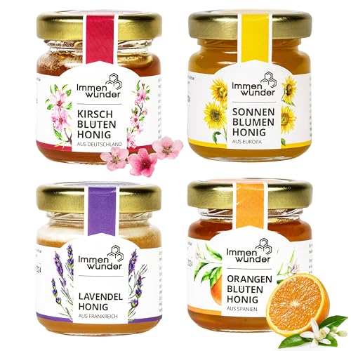 Immenwunder Honig Probierset Set Alles Liebe 4x50g Honige Lavendelhonig Orangenblütenhonig Kirschblütenhonig & Sonnenblumenhonig ideale kleinigkeiten für Ostern Geschenkideen