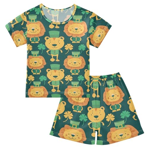 ALAZA Lion Clover Leaf Green Pajamas Short Sleeve 2 Piece Sleepwear Top and Bottom Pajama Set Unisex
