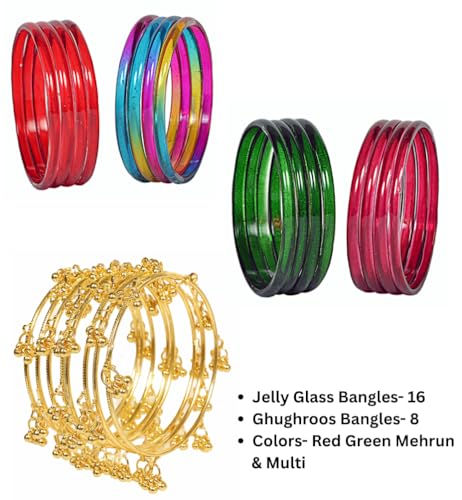 Image of Swara Creations Jelly Bangles for women| Glass Crystal Bangles with Kashmiri Ghungroo Chudi| Pink, Purple Red Green Multicolor Bangles for women |Size2.4, 2.6, 2.8